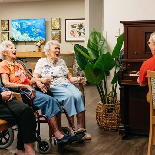 Residents singing joyfully together as a pianist plays